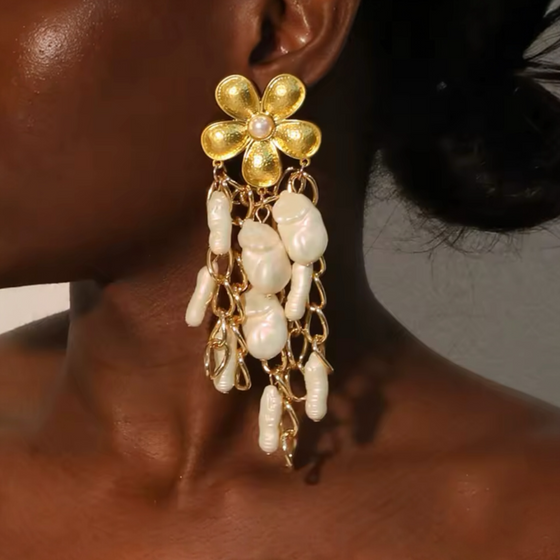 Golden Bloom Pearl Cascade Earrings